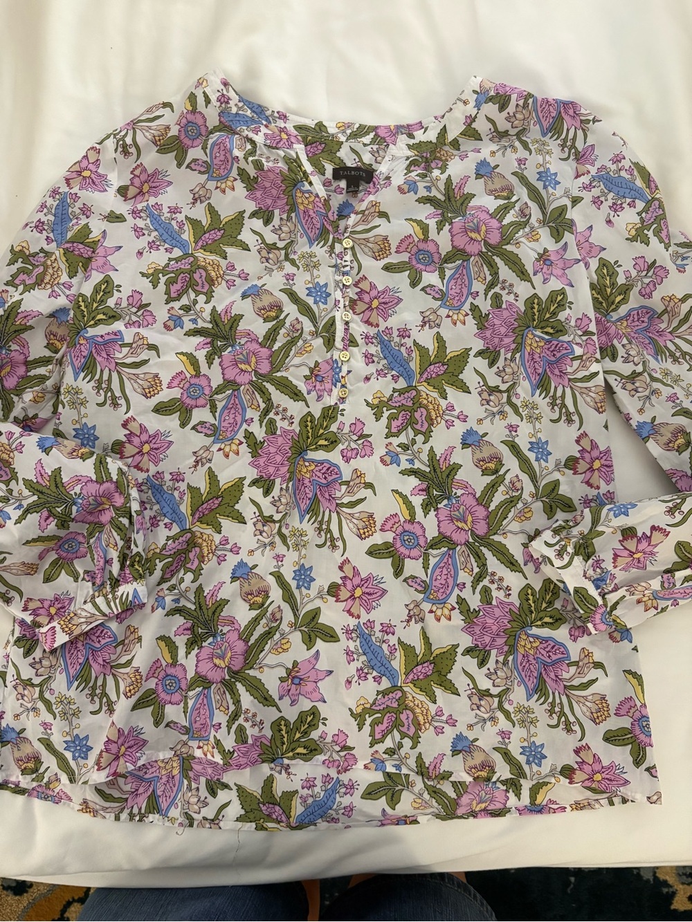 Talbots Floral Button-Front Blouse in White, Pink & Green